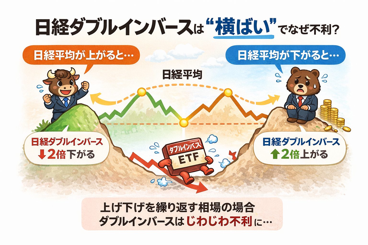 日経ダブルインバースが横ばい相場で不利になる仕組み